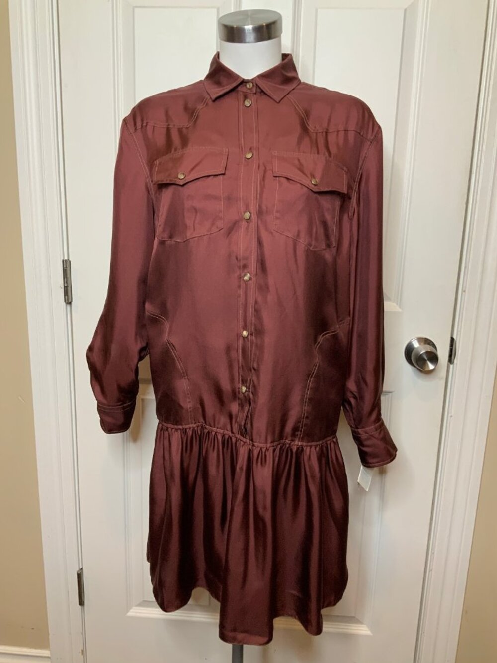 Brunello Cucinelli Brown 100% Silk Drop Waist Shirt Dress, Size M, NWT! $3595